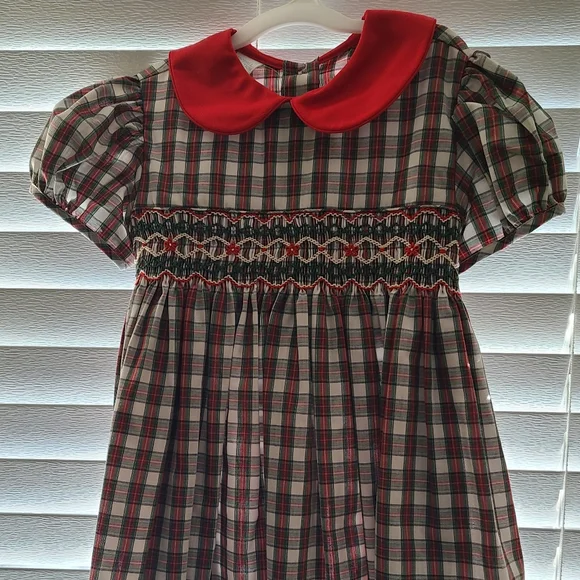 white christmas dresses Red Christmas Plaid Santa Sleigh Smocked Dress main image 1